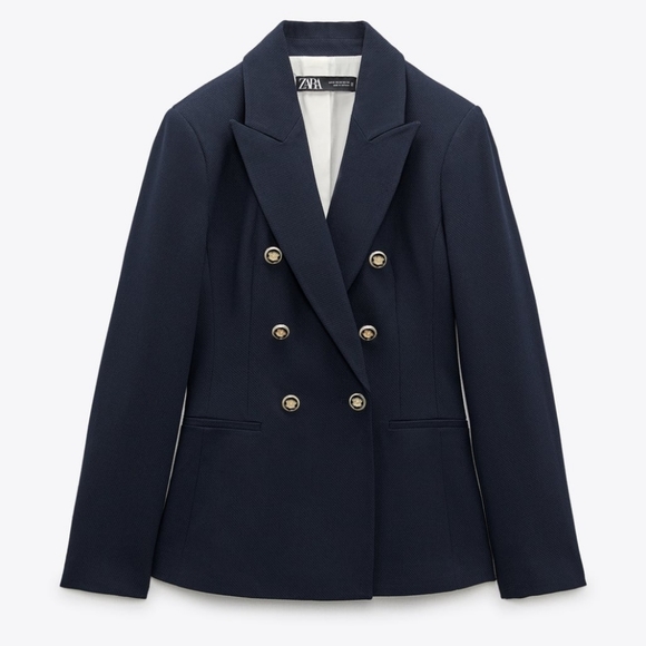 ZARA * DOUBLE BREASTED BLAZER NAVY PIQUE BLAZER - Picture 11 of 13
